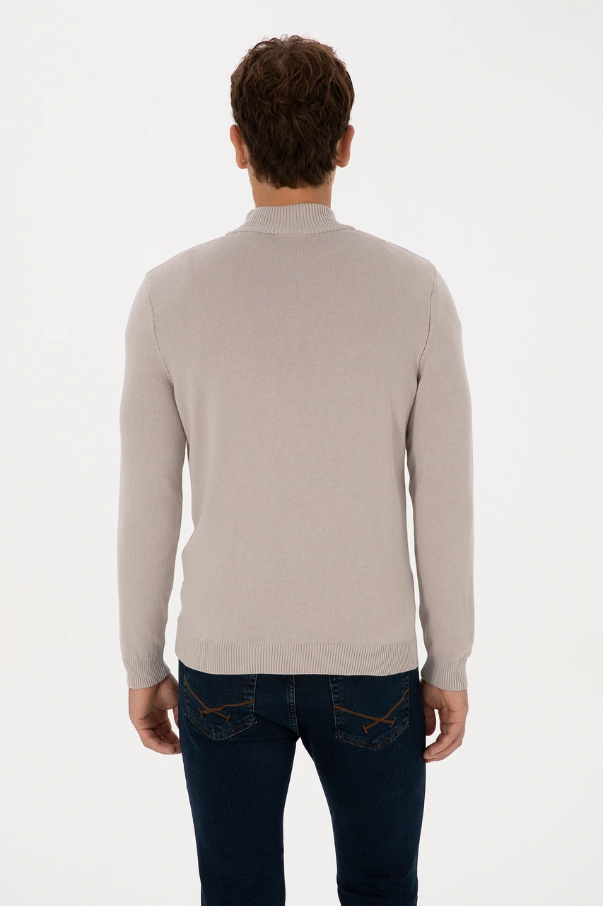 U.S. Polo Assn. Erkek Slim Fit Yarım Fermuarlı Taş Basic Kazak 50313695-VR049