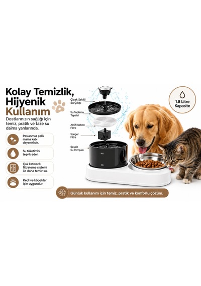 Kedi Köpek İçin 2'si 1 Arada Öşft Otomatik Su Sebili 1.8 Litre Ve Mama Kabı Besleme Seti Su Çeşmesi Sürekli Taze Su Evcil Hayvan