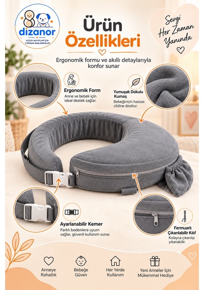 Dizanor Ayarlanabilir Kemerli Çok Amaçlı Emzirme Minderi Fermuarlı Yıkanabilir Kılıf 56x50x11 Cm - Gri