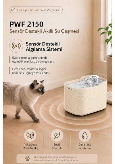 Pwf 2150 Akıllı Otomatik Sensörlü Kedi Köpek Paslanmaz Çelik Su Çeşmesi 2,5l - Petmate Flowsense - Krem