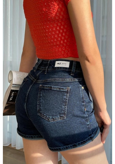 HLT Jeans Kadın Koyu Mavi Yıkamalı Mom Fit Yüksek Bel Likralı Jean Kot Şort Lily-kymavi