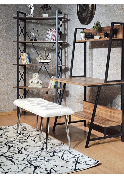 Zafir Krom Metal Krem Oturaklı Sivriltme Ayaklı Babyface Puf & Bench & Oturak Krem