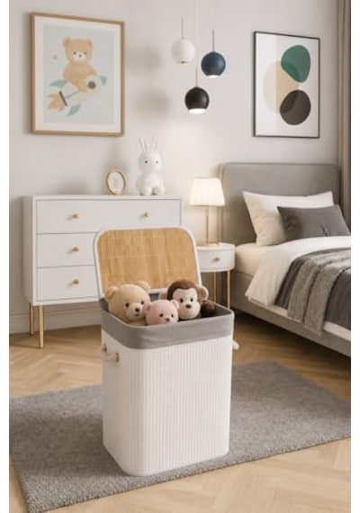 Lüks Bambu Kapaklı Kirli Çamaşır Ve Oyuncak Sepeti Beyaz Renk 40x30x60 Cm 72 Litre Diğer