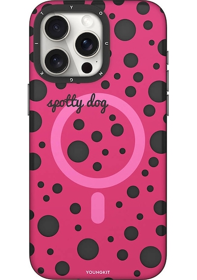 Apple Uyumlu  iPhone 15 Pro Max Kılıf Magsafe Özellikli Polka Dot Desenli Youngkit Spots Serisi Kapak Pembe