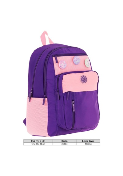 Kauko Holiday Kız Çocuk Altı Bölmeli Rozetli Okul Sırt Çantası - Mor Pembe - K1829 Mor - Pembe