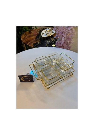 Ars Paşabahçe Elysia Yaldızlı Kare Kase, Metal Gold Standlı 4'lü Çerezlik, Sunumluk, Kahvaltılık
