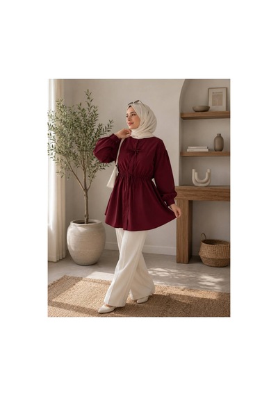 Öners Kadın Büzgü Detaylı Tesetür Gömlek Bordo Bordo