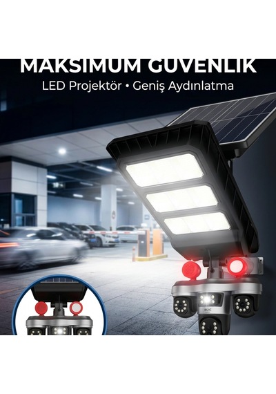 Solar Enerjili Dış Mekan Güvenlik Kamerası Hareket Algılama, Gece Görüşü Ve Led Projektör