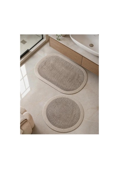 Nesrin Kaymaz Taban Peluş Banyo Paspası Seti Jüt Kenar Detaylı 2 Li Oval Yuvarlak 100x60 60x60 Kahverengi