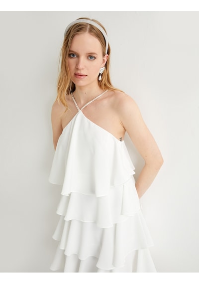 Koton Katlı Bridal Mini Elbise Halter Yaka Taş Detaylı Astarlı Beyaz 4sak80044fw Beyaz