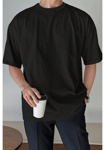 Genius Store Erkek Oversize Tişört Pamuk Kumaş Bisiklet Yaka Rahat Kalıp T-shirt Siyah