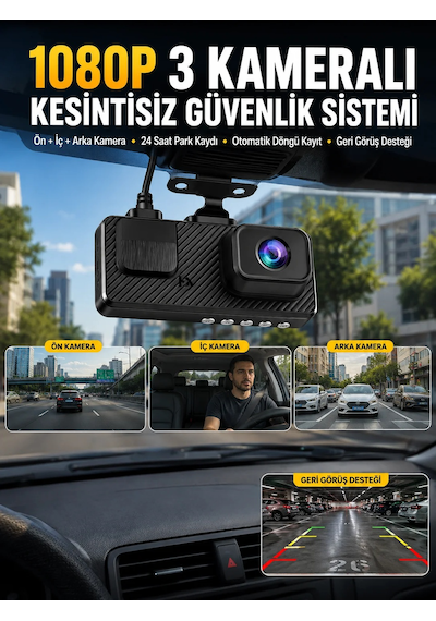 3 Kameralı Araç İçi Dvr Kayıt Cihazı Ön İç Arka Kamera Full Hd 69157149