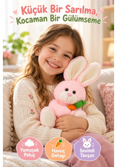 Pembe Tavşan Peluş Oyuncak 28 Cm Havuçlu Sevimli Yumuşak Oyuncak Çocuk Odası Dekoru Uyku Arkadaşı Set
