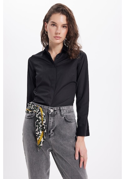 Tudors Kadın Slim Fit Non-ıron Pamuklu Vücuda Oturan Ütü Gerektirmez Pensli Siyah Gömlek-42045 Siyah