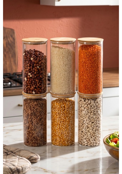 Porsima 2-3 Bambu Vakumlu Kapaklı Yuvarlak Borosilikat Cam 6lı Kavanoz Seti Saklama Kabı 1300ml 10x20cm Cam - Şeffaf