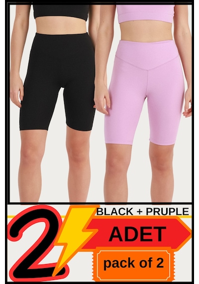 Missmaral Kadın Yüksek Bel Toparlayıcı Kısa Siyah & Lila Şort Tayt 2'li Paket Lycralı Biker Shorts 21070 Siyah - Lila