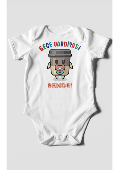 Gece Vardiyası Bende Baskılı Bebek Zıbını Çıtçıtlı Body %100 Pamuk Kısa Kol Beyaz