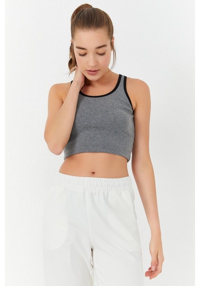 Tommy Life Gri Melanj Basic Sıfır Kol Dar Kalıp U Yaka Kadın Crop Top Atlet - 97162 Gri Melanj