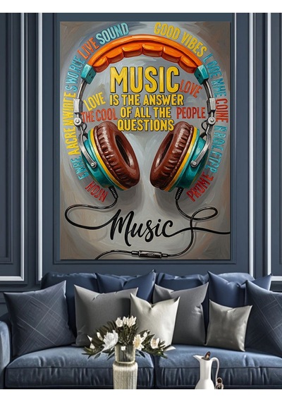 Ahşap Tablo Müzik Kulaklık Ses Dalgaları