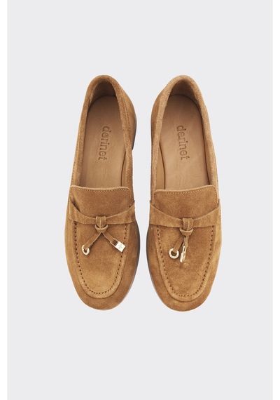 Derinet Hakiki Deri Püsküllü Kadın Loafer Taba Süet Taba Süet