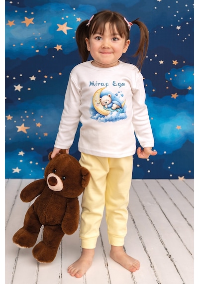 Pia Baby İsme Özel Erkek Çocuk Pijama Takımı %100 Pamuk Penye İsim Baskılı Kişiye Özel Çocuk Pijaması 10894s14pi Krem