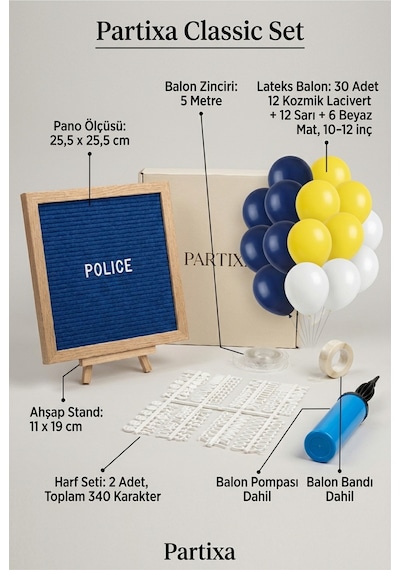 Polis Temalı Doğum Günü Süsleme Classic Set Koyu Mavi Keçe Yazı Panosu Standlı Balon Zincirli El Pompası Polis Seti Çocuk