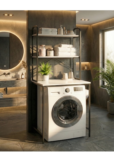 Çamaşır Makinesi Dolabı 2 Katlı Geniş Depolama Raf Ünitesi Metal Banyo Organizer Standı 293 Siyah Çok Renkli