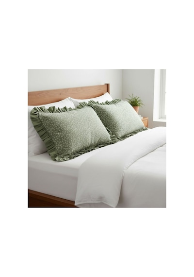 Fırfırlı Yastık Kılıfı 2 Li Set Tek Kişilik %100 Organik Pamuk 50x70 Cm 8 Farklı Desen Seçenekli Yeşil Düz Kenar