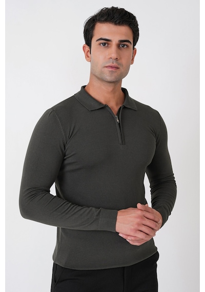 Slim Fit Esnek Pamuklu Fermuarlı Polo Yaka Haki Triko Tr 902