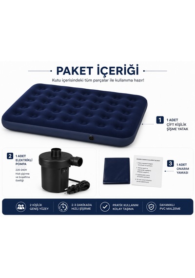 Çift Kişilik Şişme Yatak 300 Kg Taşıma Kapasiteli Elektrikli Pompalı 197x137x22 Cm Lacivert