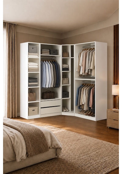 Gama Gardırop 6 Kapaklı Köşe Modül+ Çekmeceli+ Askılı+ Tekli Metal Kulplu 208 Cm Gardırop Elbise Dolabı Beyaz Gama Gardırop 6 Kapaklı Köşe Modül+ Çekmeceli+ Askılı+ Tekli Metal Kulplu 208 Cm Gardırop Elbise Dolabı Beyaz
