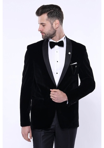 Düz Siyah Velvet Ceket Wessi Siyah