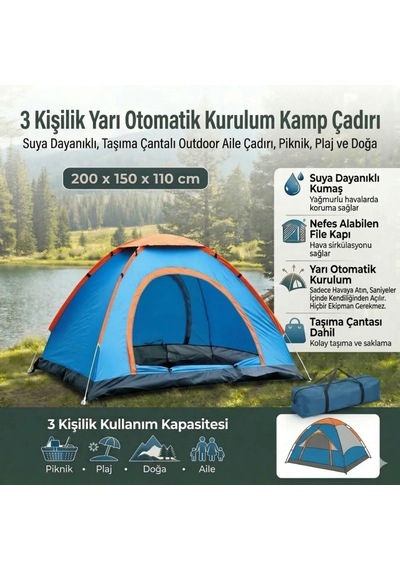 3 Kişilik Yarı Otomatik Kurulum Kamp Çadırı Suya Dayanıklı, Taşıma Çantalı Outdoor Aile Çadırı, Piknik Genel