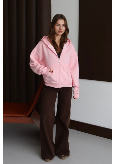 Balenbi Kadın 3 İplik İçi Polarlı Kapüşonlu Oversize Sweat Hırka 1110 Pembe
