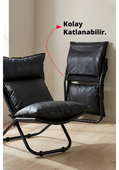 Lumis Garden Prestij Katlanabilir Deri Lounge Koltuğu Çıkarılabilir Kılıf, Modern Metal İskelet Siyah