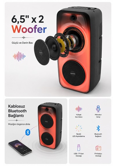 Taşınabilir 40w Led Işıklı Bluetooth Hoparlör Seti