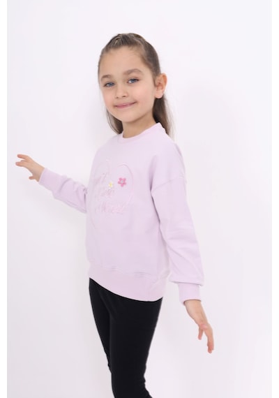 Toontoy Kız Çocuk Relax Fit Bisiklet Yaka Hafif Düşük Omuz Nakış Baskılı Sweatshirt - 2 İplik Açık Lila