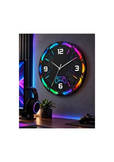 Oyuncu Gaming Temalı Ahşap 45 Cm Sessiz Akar Mekanizmalı Uv Baskılı Dekoratif Duvar Saati Hediyelik 1063 Çok Renkli