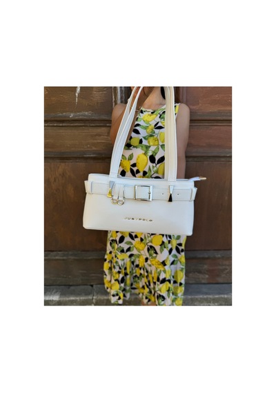 Just Polo Kadın Gold Aksesuarlı Kemer Detaylı Şık El Çantası Shopper Ebat : 14 X 30 Cm Beyaz