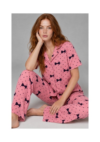 Fit Women Kadın Kısa Kol Desenli Pembe Pijama Takımı 4729