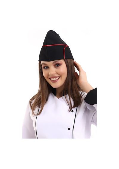 Siyah Üzerine Kırmızı Biye Aşçı Kayık Kep - Unisex-Standart-Tek Parça