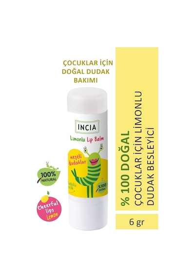 INCIA %100 Doğal Kids Dudak Besleyici Limonlu Bitkisel Nemlendirici Dudak Bakım Kremi 6 G