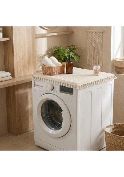 Ham Ponponlu Monica Çamaşır Makinesi Örtüsü - Çeyizlik Dekoratif Banyo Makine Kılıfı Krem