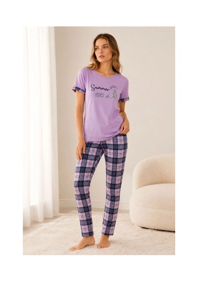 Kadın Pamuklu Penye Summer Baskılı Kısa Kollu Pijama Takımı Bisiklet Yaka Ekose Desenli - Lila Kadın Pamuklu Penye Summer Baskılı Kısa Kollu Pijama Takımı Bisiklet Yaka Ekose Desenli - Lila