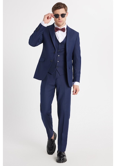 Tudors Erkek Slim Fit Lacivert Esnek Likralı Kumaş Sivri Yaka Yelekli Takım Elbise-33908 Lacivert