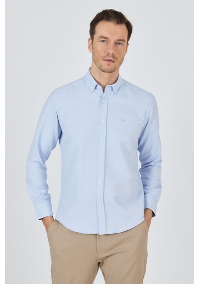 İmza Uzun Kol Desenli Armürlü Düğmeli Yaka Cepsiz Pamuklu Classic Slim Fit Gömlek 1004250204 Koyu Mavi
