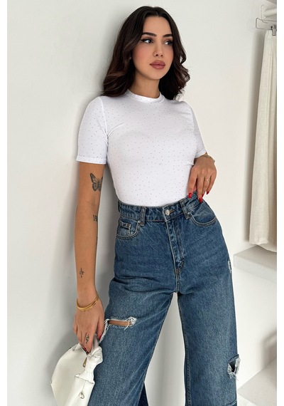 Noa & Noa Kadın Taş Detaylı Kısa Kollu T-shirt Beige Spark Beyaz