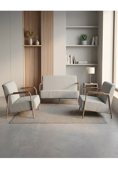 Atlas 2+1+1 Dokuma Kumaş Ofis Cafe Bekleme Koltuk Takımı Cappuccino Metal Açık Gri
