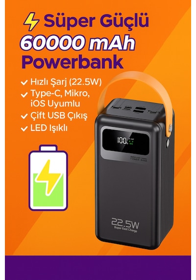 60000 Mah Ultra Kapasiteli Powerbank Hızlı Şarj, Type-c & İos Giriş, 2 Çıkışlı, Led Işıklı Siyah - 744530293 Siyah