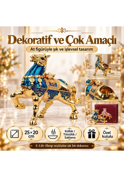 Lüks Alaşım Metal At Figürlü Kapaklı Dekoratif Küllük Ve Takı Saklama Kutusu Metal Biblo 25 X 20 Cm 78184033